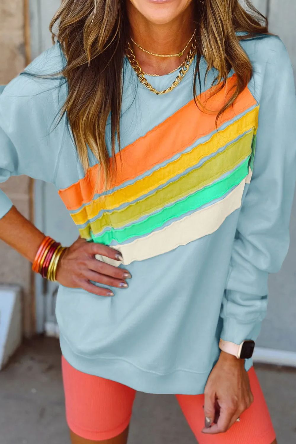 Contrast Round Neck Long Sleeve Sweatshirt - Charming Charlie