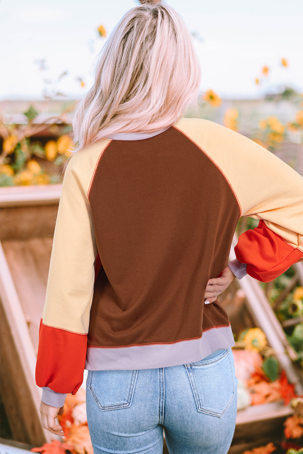 Color Block Round Neck Long Sleeve Sweatshirt - Charming Charlie