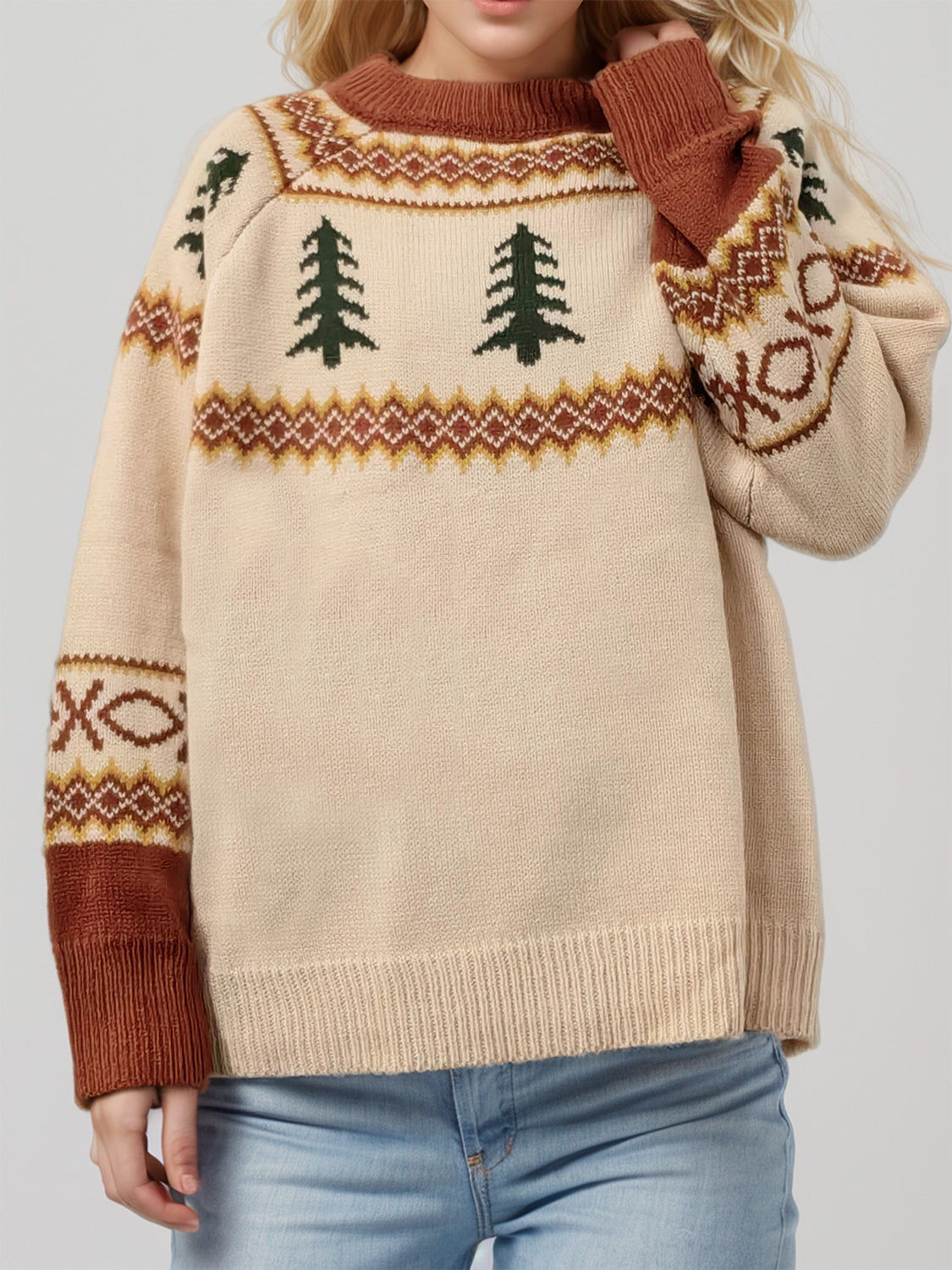 Graphic Round Neck Long Sleeve Sweater - Charming Charlie