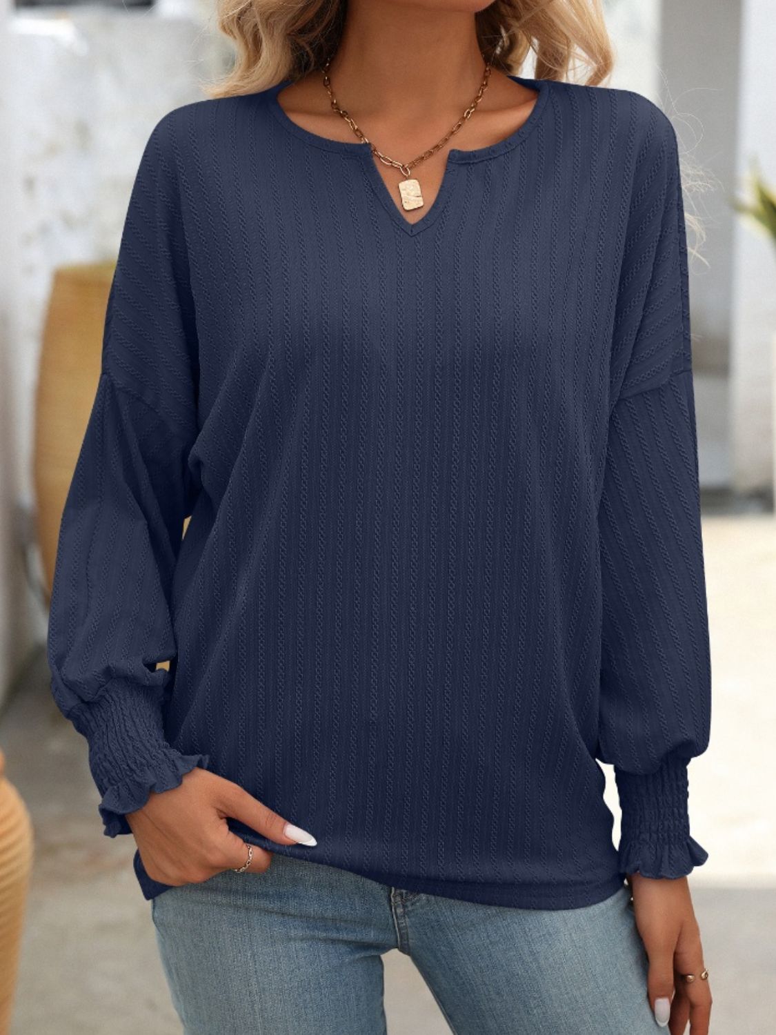 Textured Notched Lantern Sleeve T-Shirt - Charming Charlie