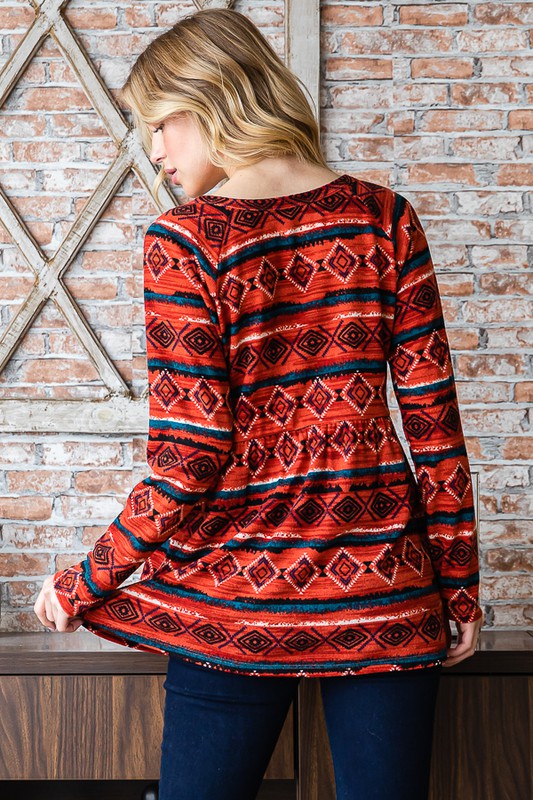 Heimish Full Size Geometric Button Detail Long Sleeve Babydoll Top - Charming Charlie