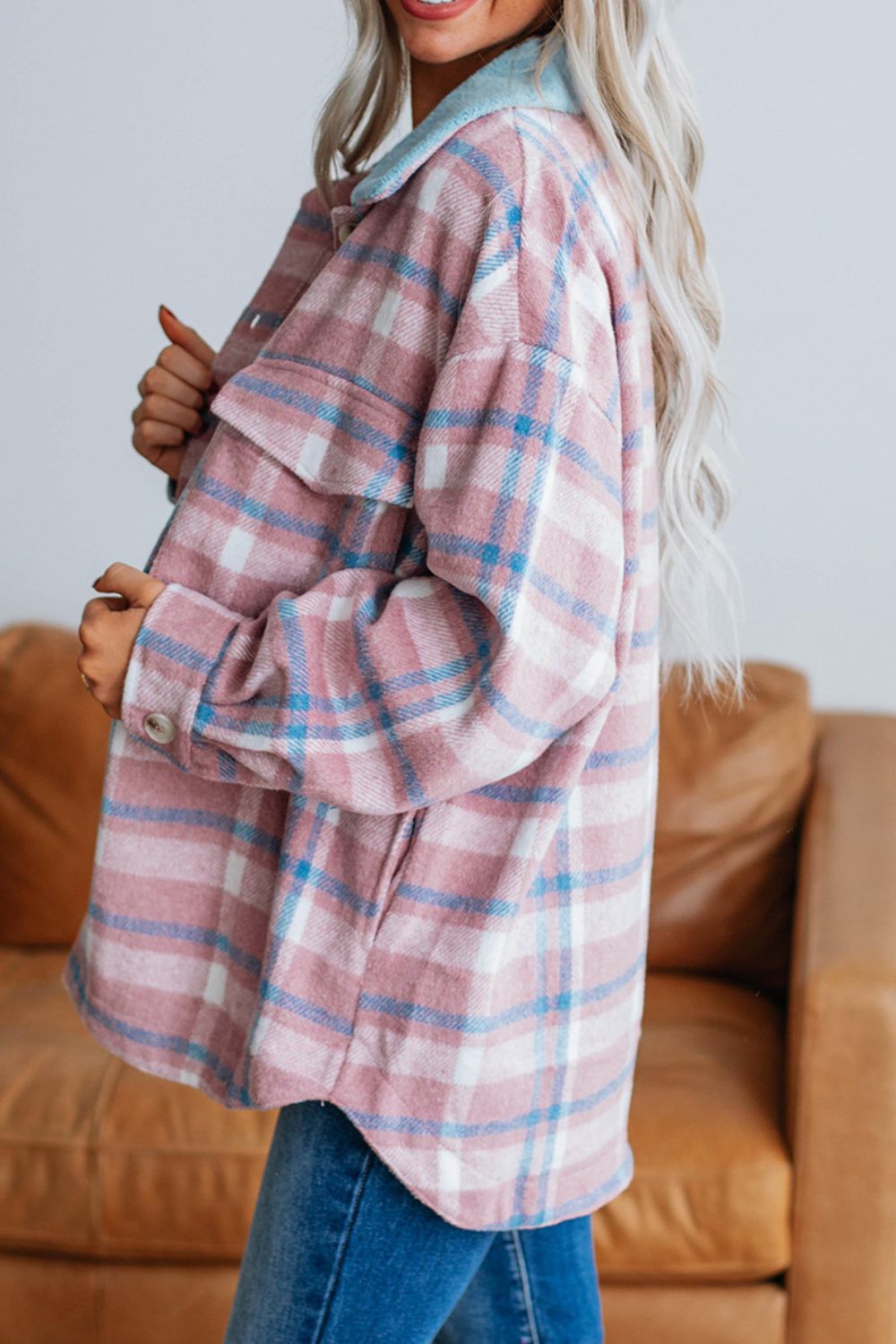 Plaid Collared Neck Flap Pockets Shacket - Charming Charlie