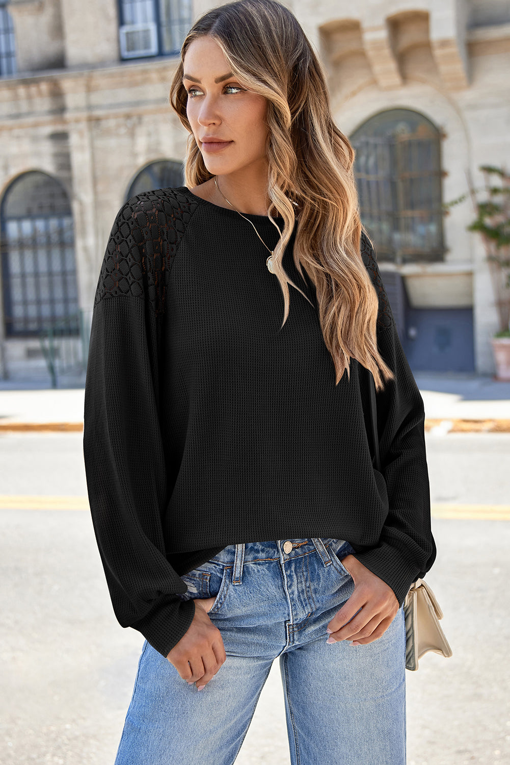 Lace Detail Round Neck Lantern Sleeve Top - Charming Charlie