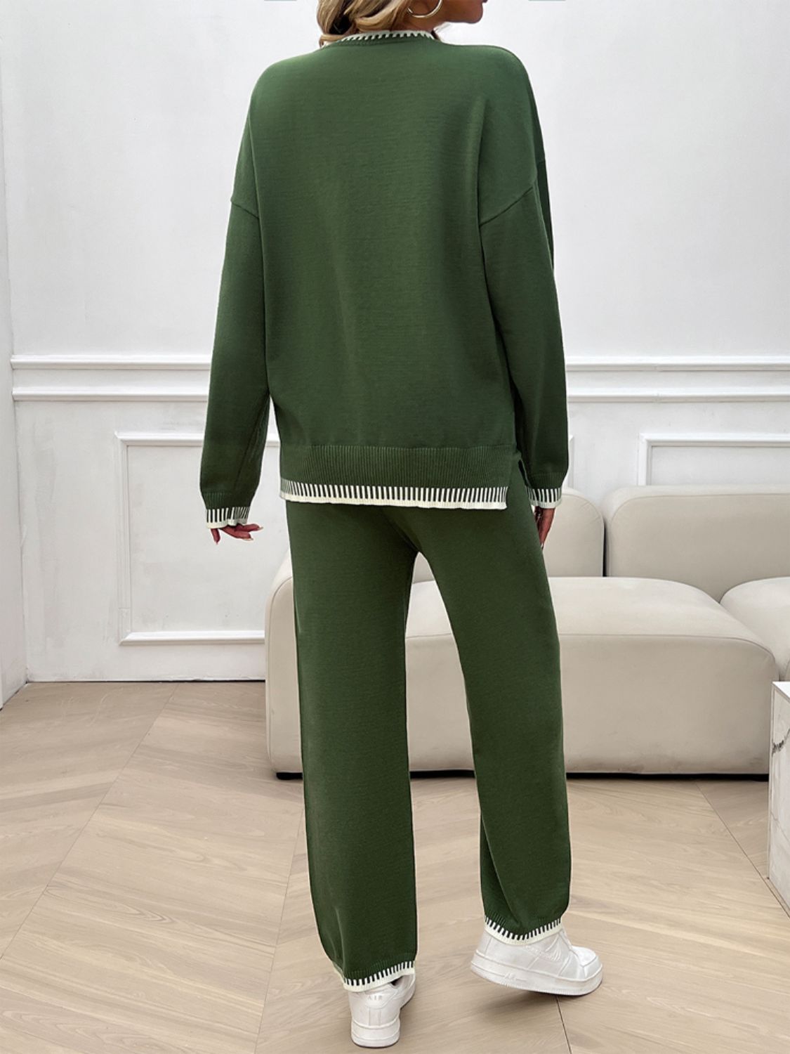 Round Neck Dropped Shoulder Top and Pants Sweater Set - Charming Charlie