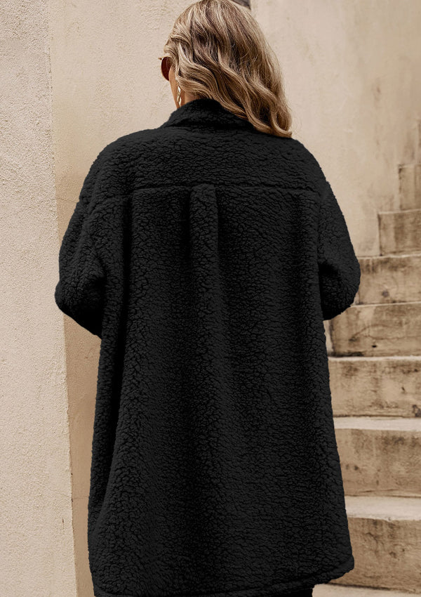 Collared Neck Long Sleeve Longline Teddy Jacket - Charming Charlie