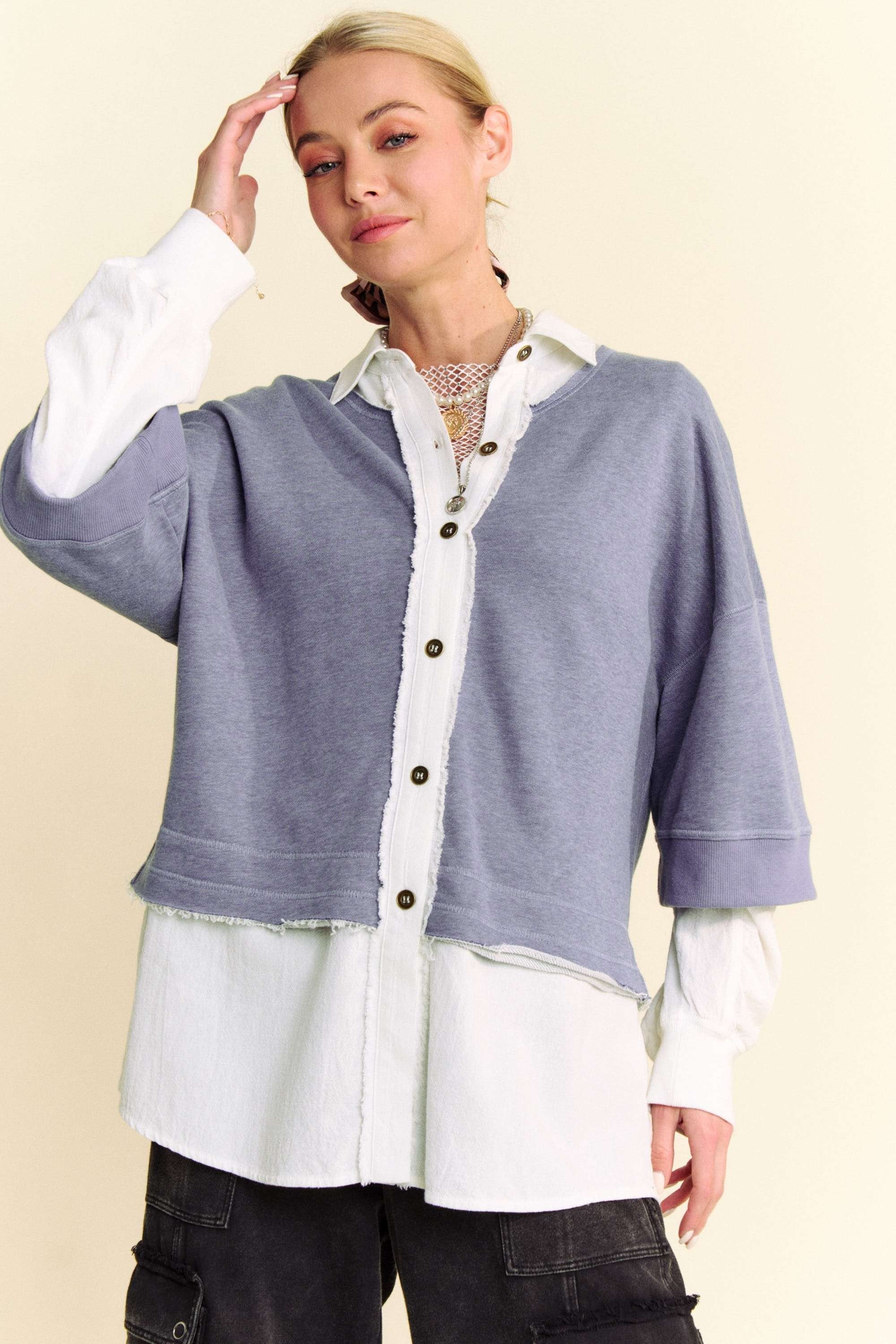 Davi & Dani Faux Layered French Terry Contrast Top - Charming Charlie