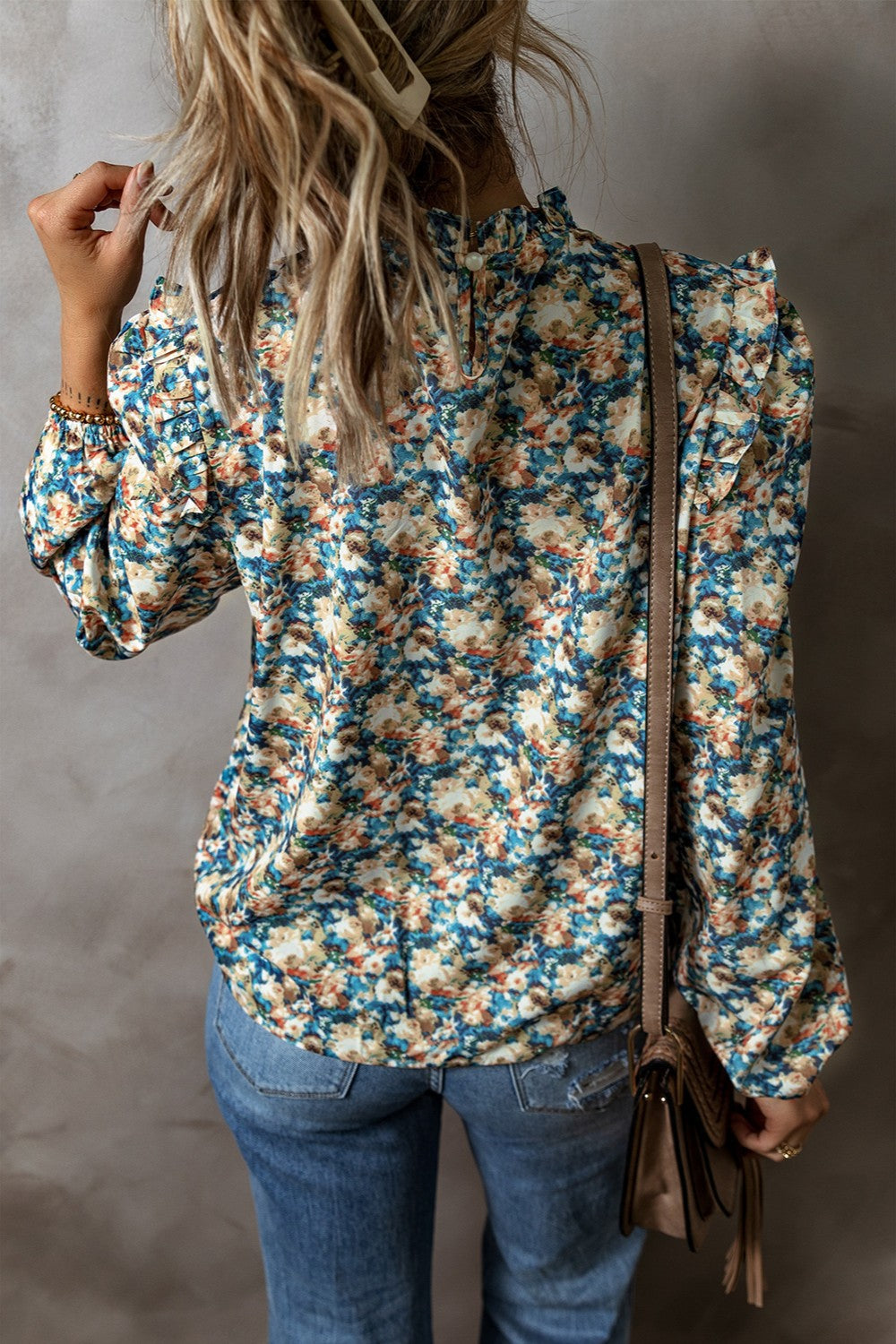 Frill Printed Mock Neck Long Sleeve Blouse - Charming Charlie