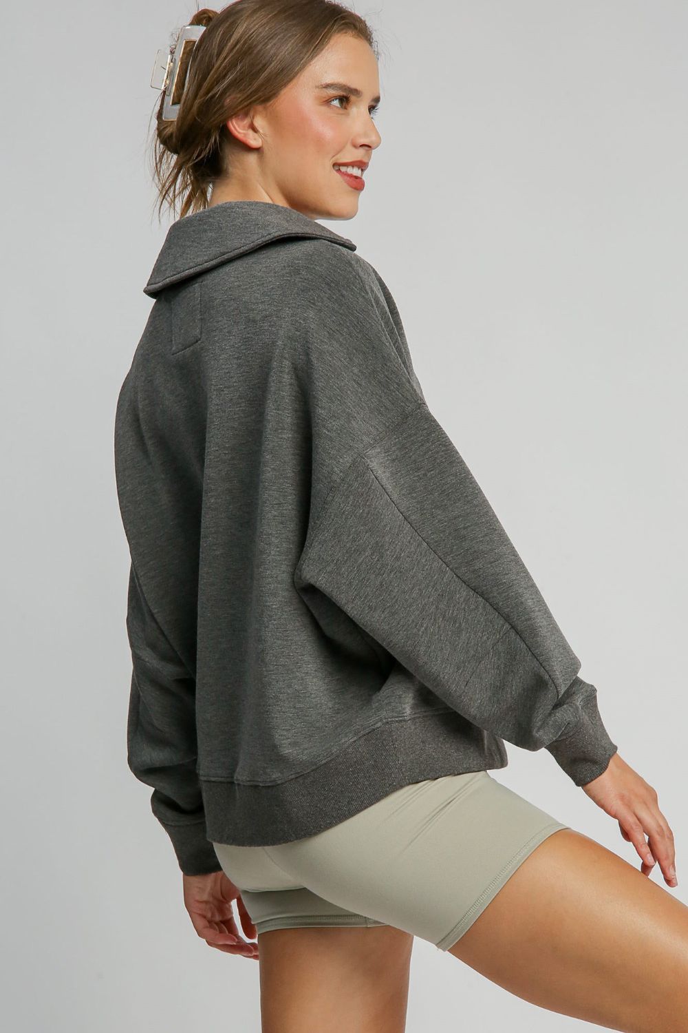 Umgee Johnny Collar Dropped Shoulder Sweatshirt - Charming Charlie
