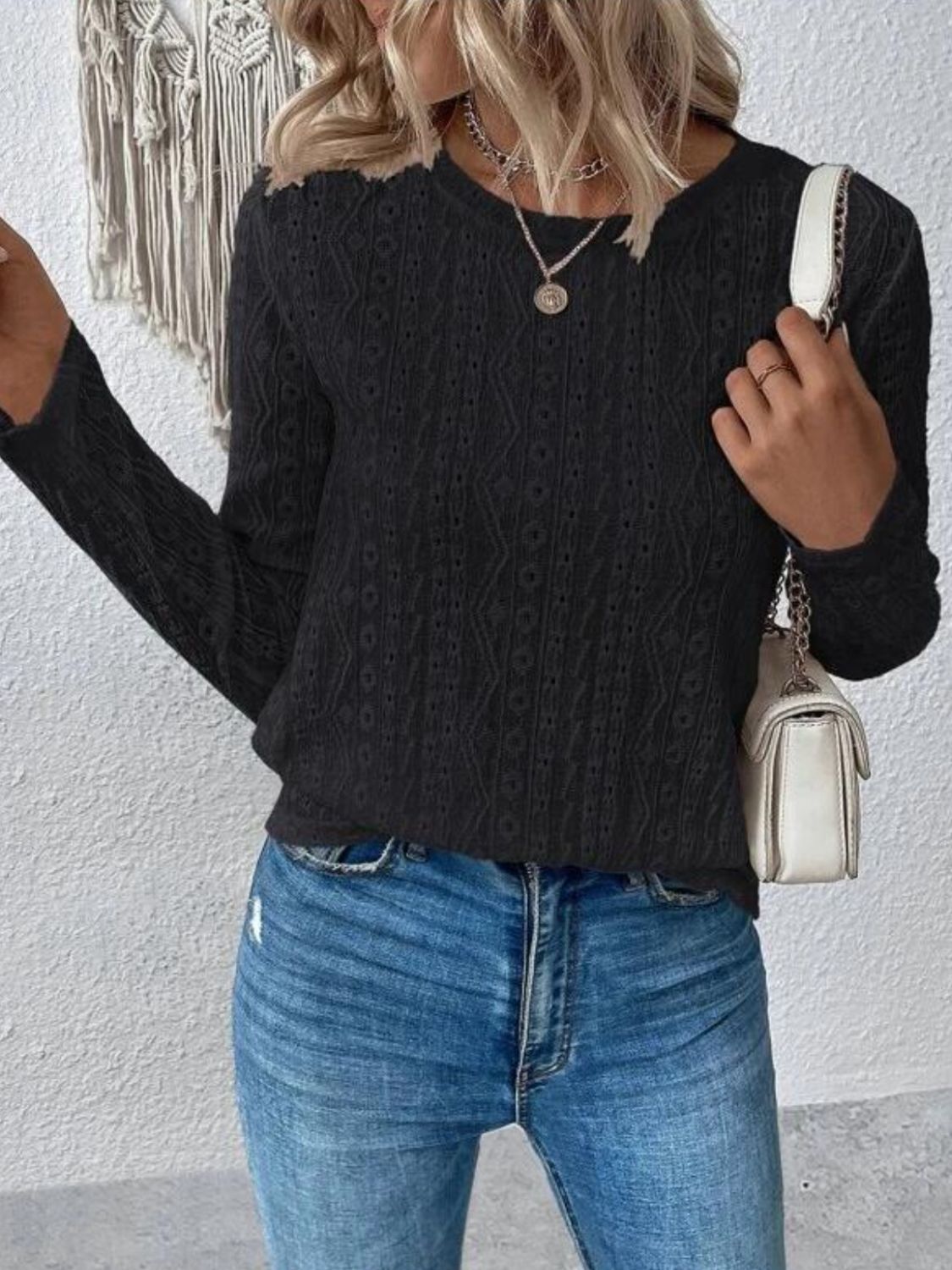 Eyelet Round Neck Long Sleeve Blouse - Charming Charlie