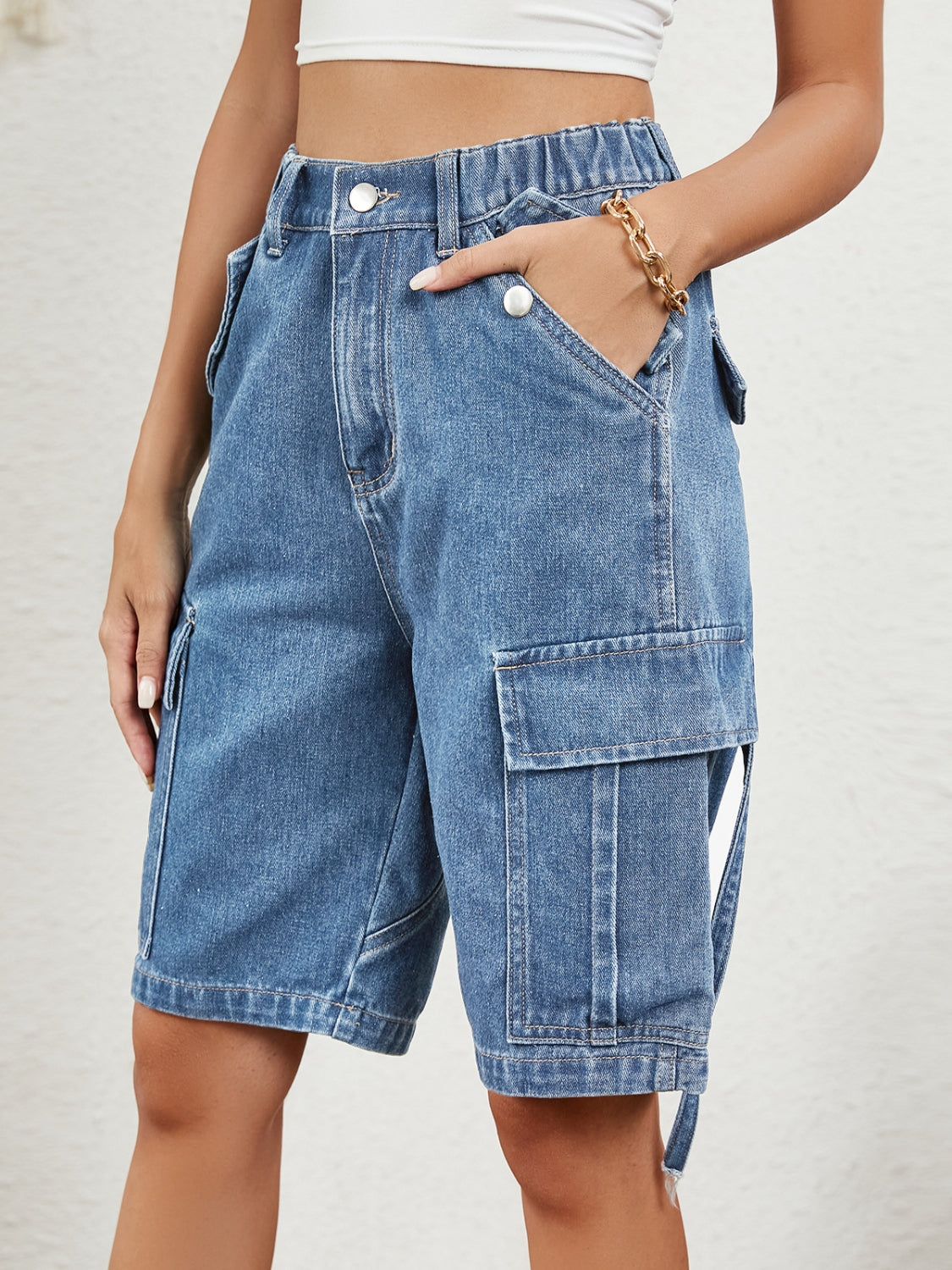 Buttoned Elastic Waist Denim Shorts with Pockets - Charming Charlie