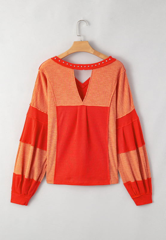 Studded Waffle-Knit V-Neck Long Sleeve Top - Charming Charlie