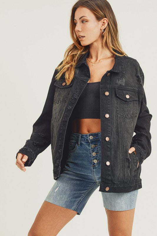 RISEN Full Size Distressed Long Sleeve Denim Jacket - Charming Charlie