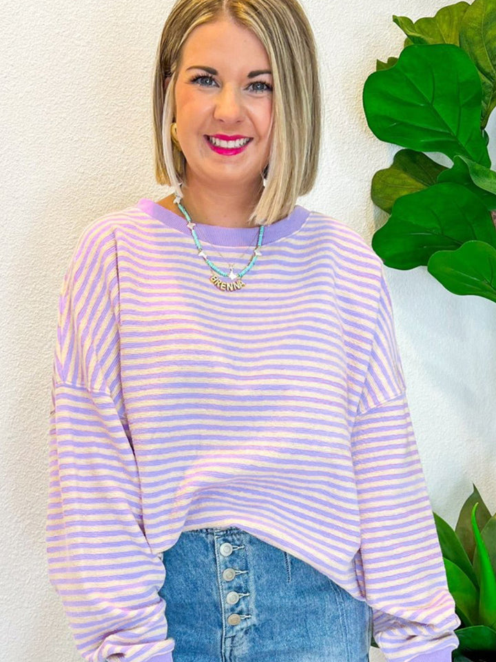 Striped Round Neck Long Sleeve Sweatshirt - Charming Charlie