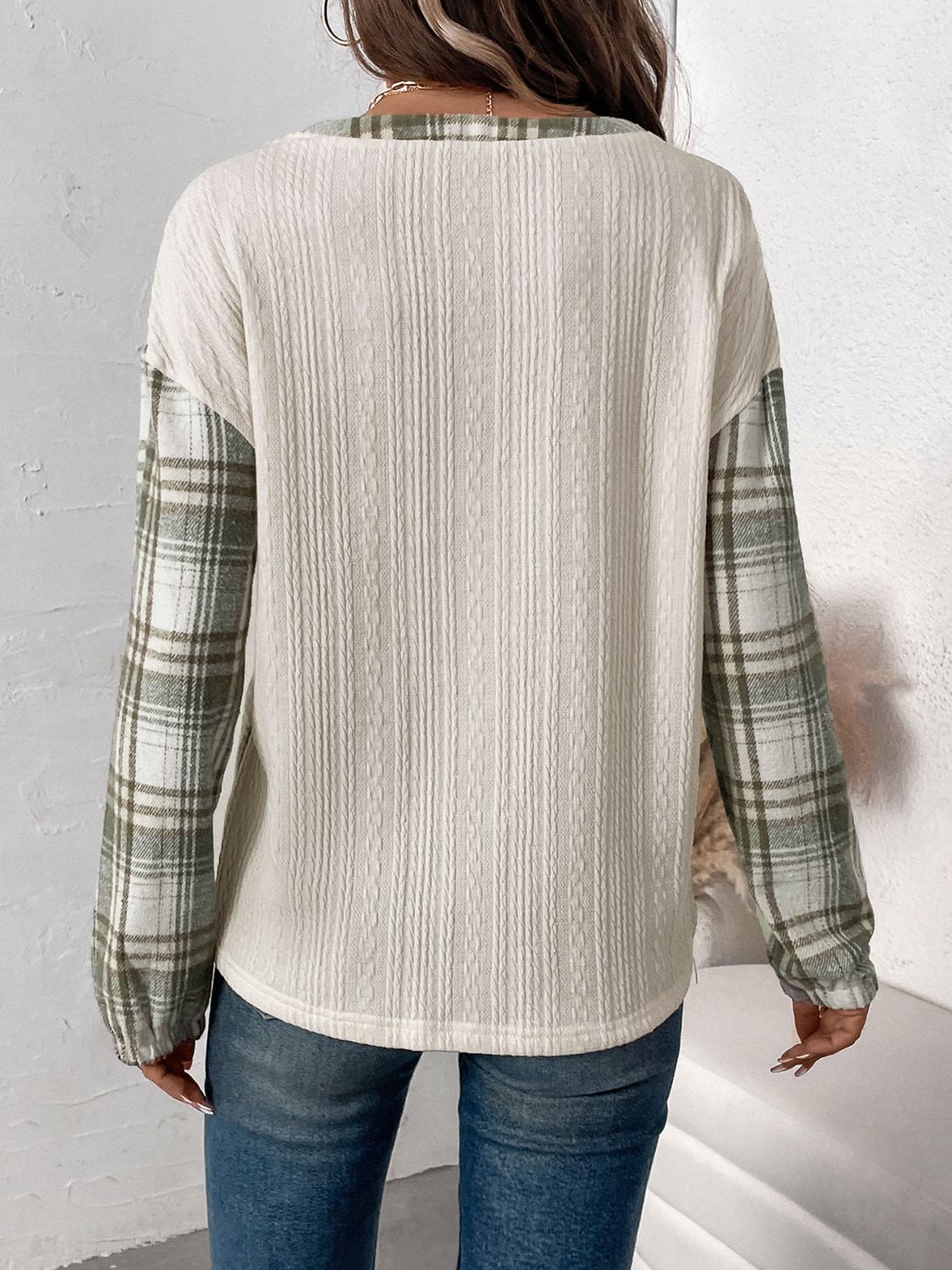 Perfee Plaid Half Button Long Sleeve T-Shirt - Charming Charlie
