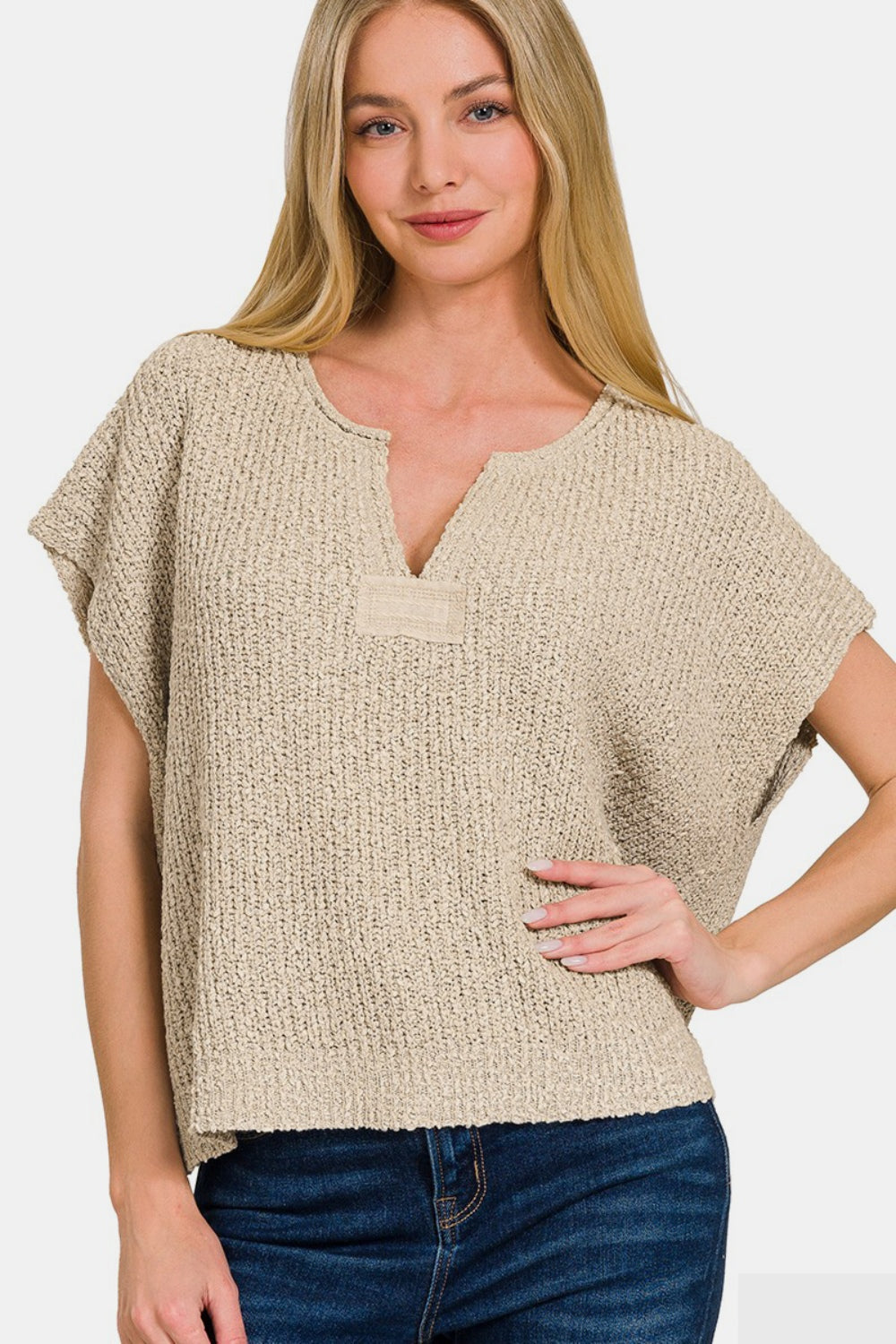 Zenana Short Sleeve Side Slit Sweater - Charming Charlie