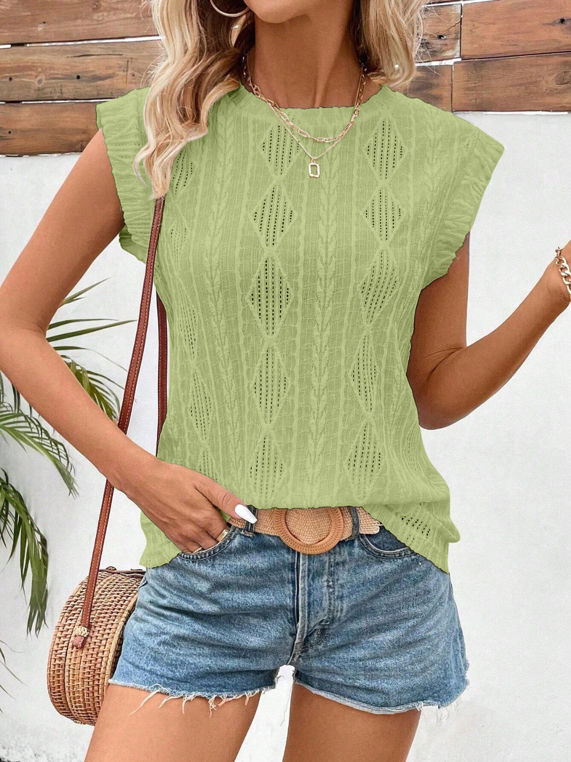 Openwork Round Neck Cap Sleeve Top - Charming Charlie