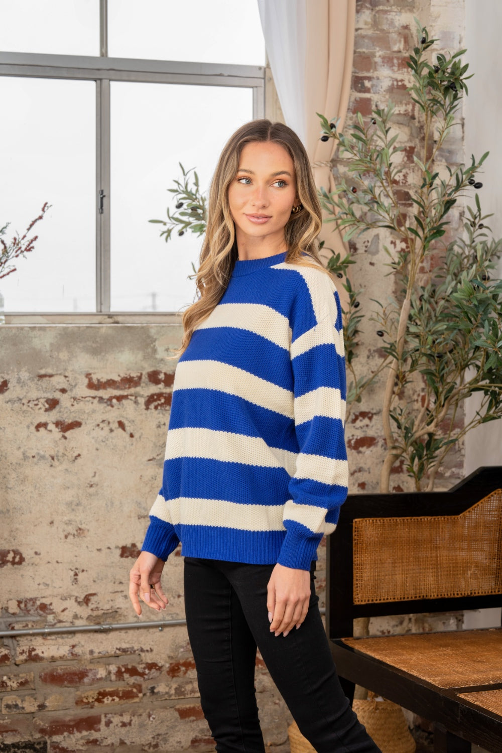 Sew In Love Full Size Contrast Striped Round Neck Sweater - Charming Charlie