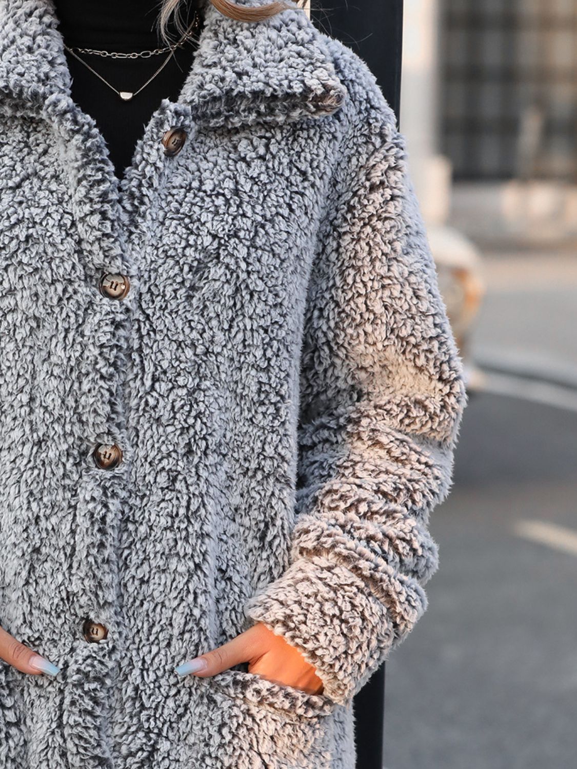 Pocketed Collared Neck Long Sleeve Plush Jacket - Charming Charlie