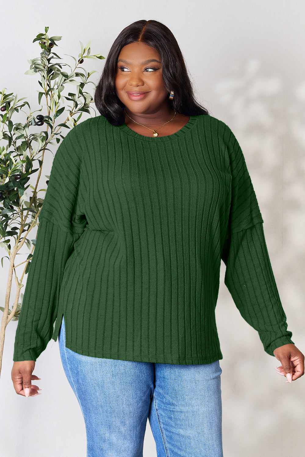 Basic Bae Full Size Ribbed Round Neck Slit Knit Top - Charming Charlie