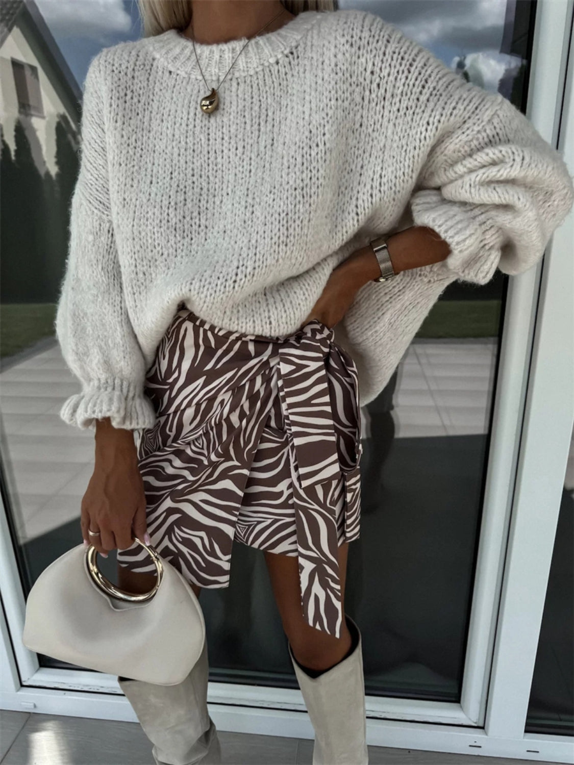 Round Neck Long Sleeve Sweater - Charming Charlie