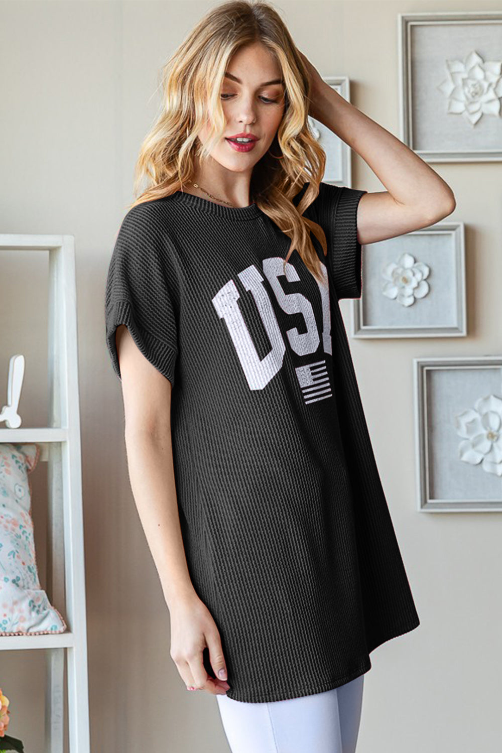 Heimish Full Size USA Graphic Short Sleeve Ribbed Top - Charming Charlie