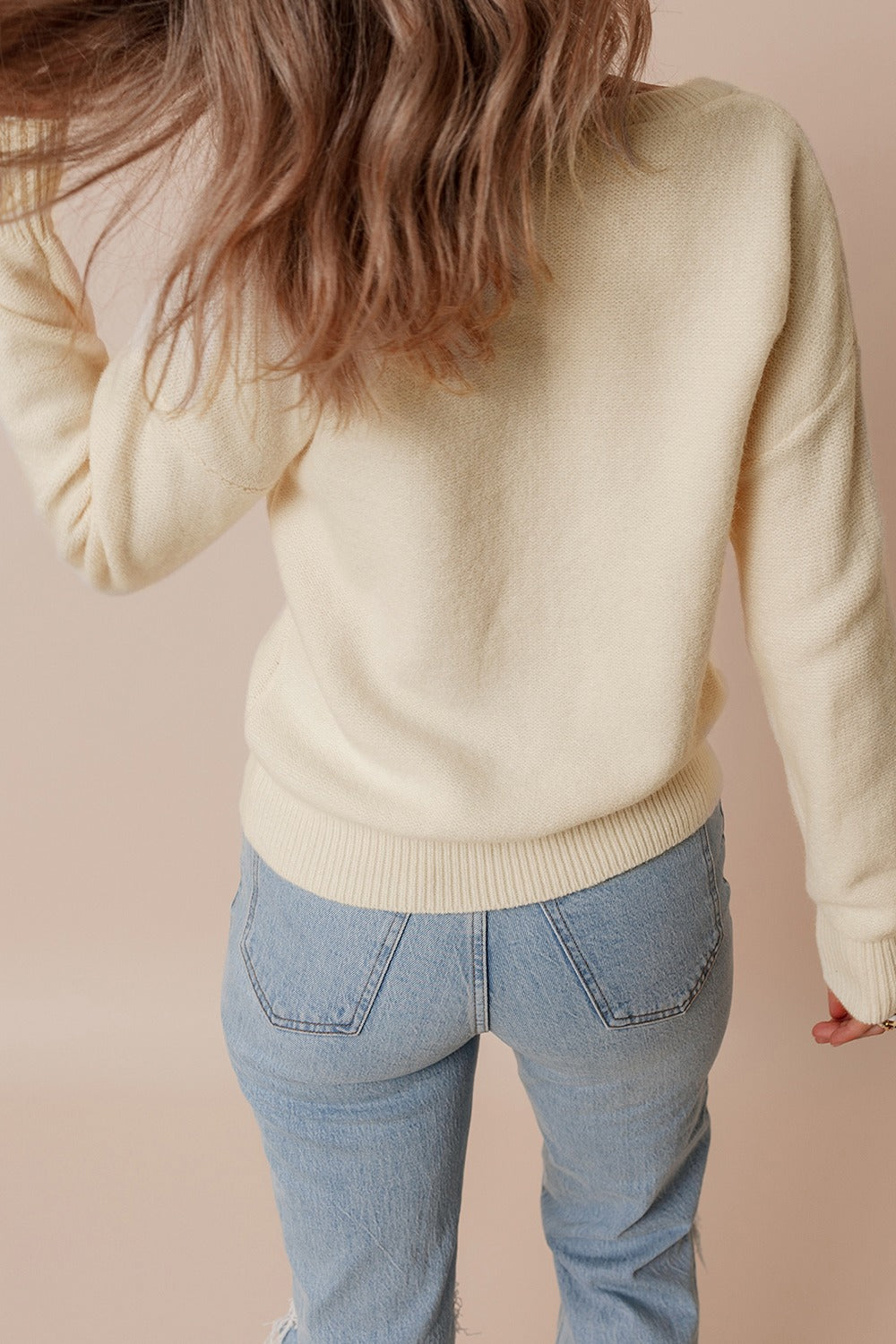 Crochet Flower Round Neck Dropped Shoulder Sweater - Charming Charlie
