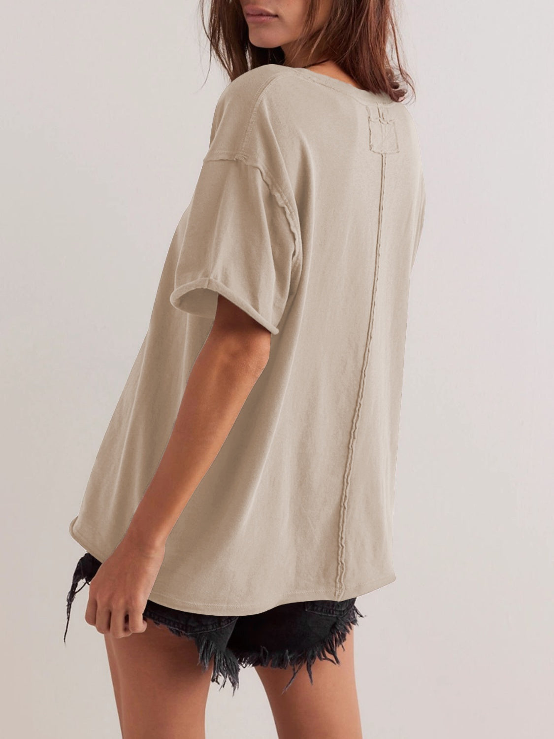 Lovelet Exposed Seam Round Neck Half Sleeve T-Shirt - Charming Charlie
