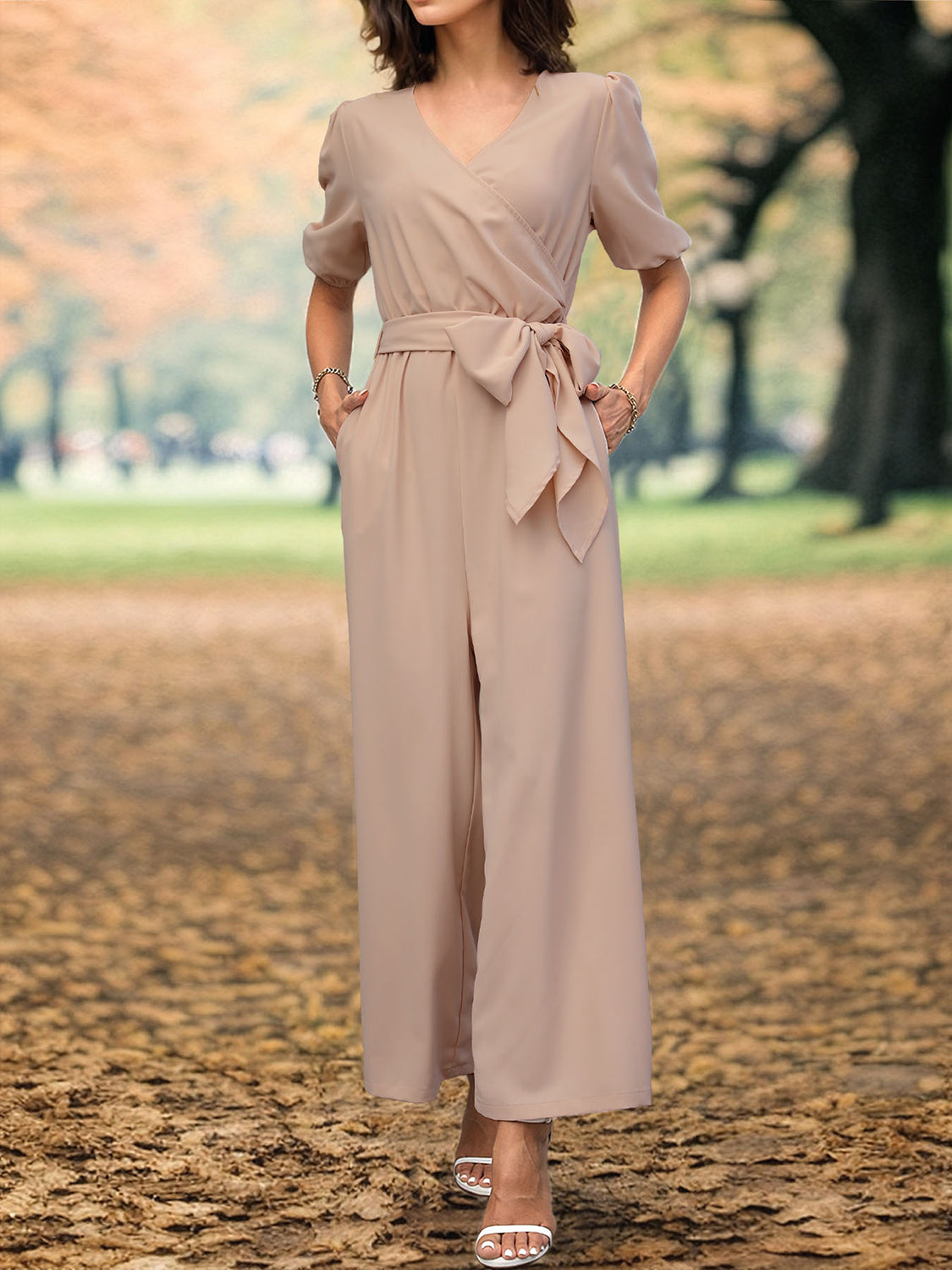 Tied Short Sleeve Wide Leg Jumpsuit - Charming Charlie