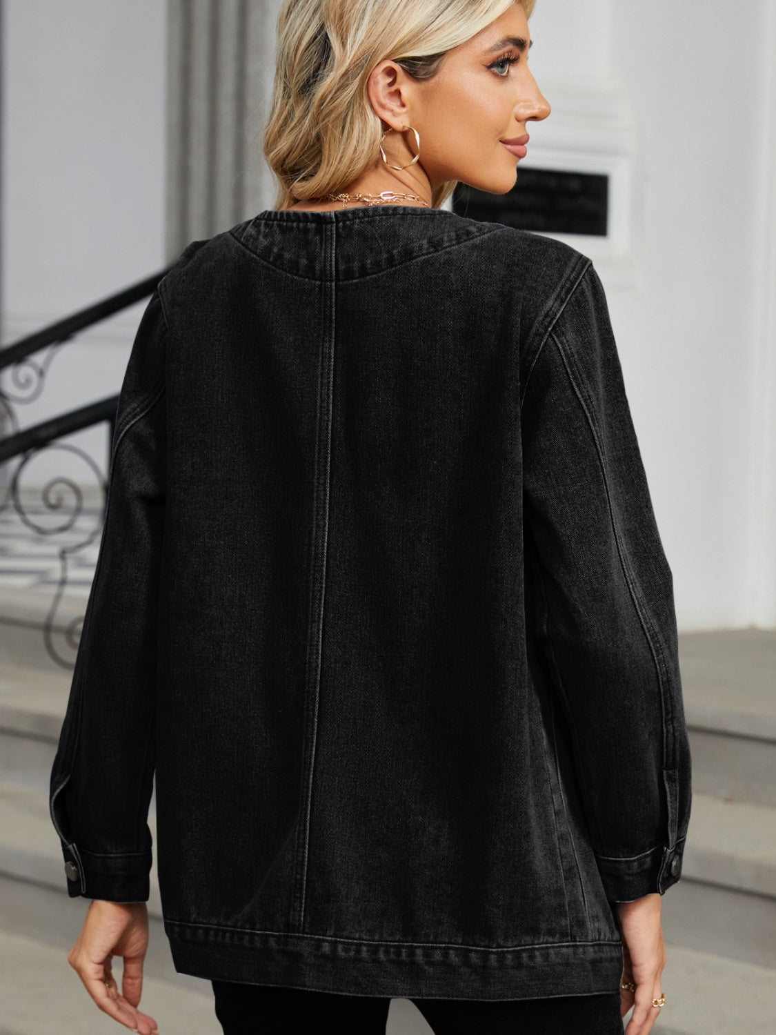 Pocketed V-Neck Button Up Denim Jacket - Charming Charlie
