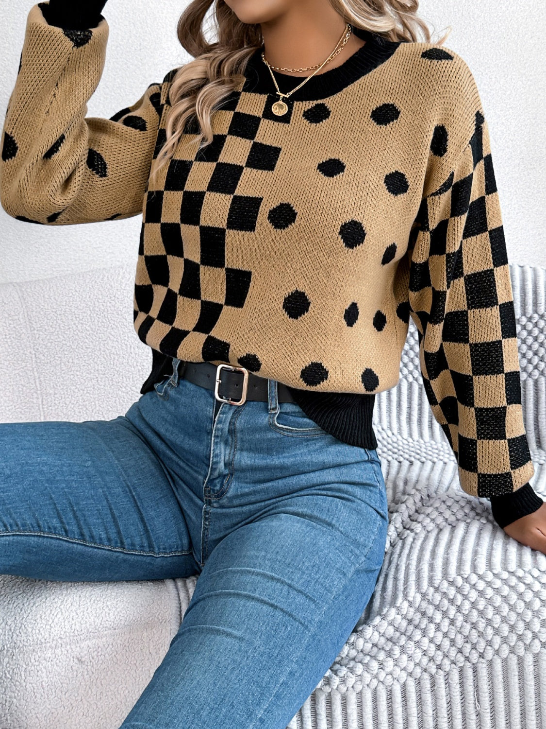 Plaid Round Neck Long Sleeve Sweater - Charming Charlie