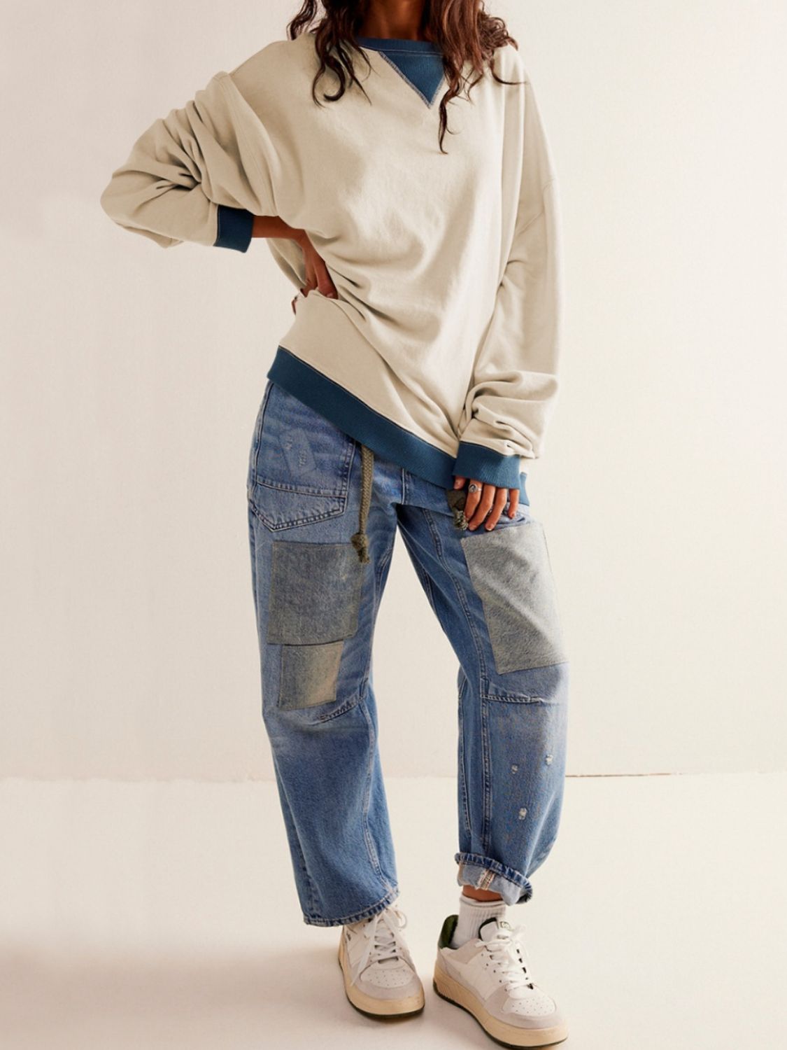 Contrast Dropped Shoulder Long Sleeve Sweatshirt - Charming Charlie