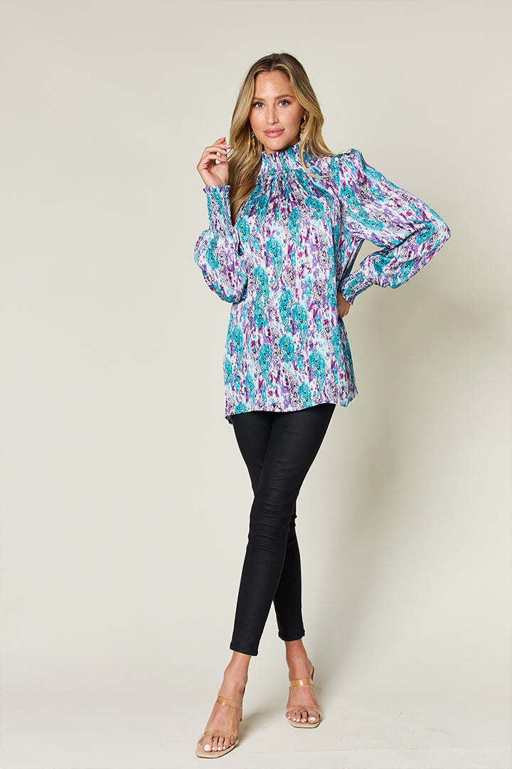 Double Take Full Size Printed Smocked Long Sleeve Blouse - Charming Charlie