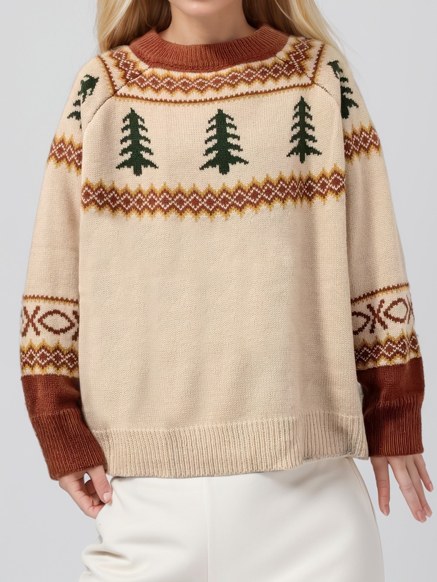 Graphic Round Neck Long Sleeve Sweater - Charming Charlie