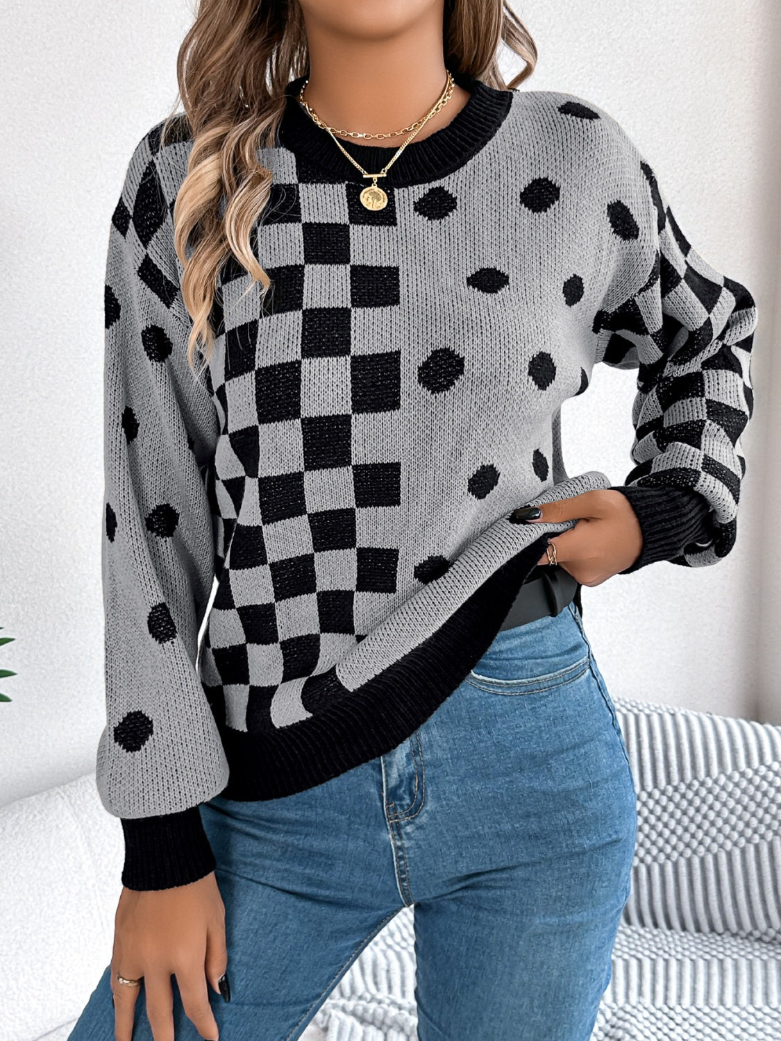 Plaid Round Neck Long Sleeve Sweater - Charming Charlie