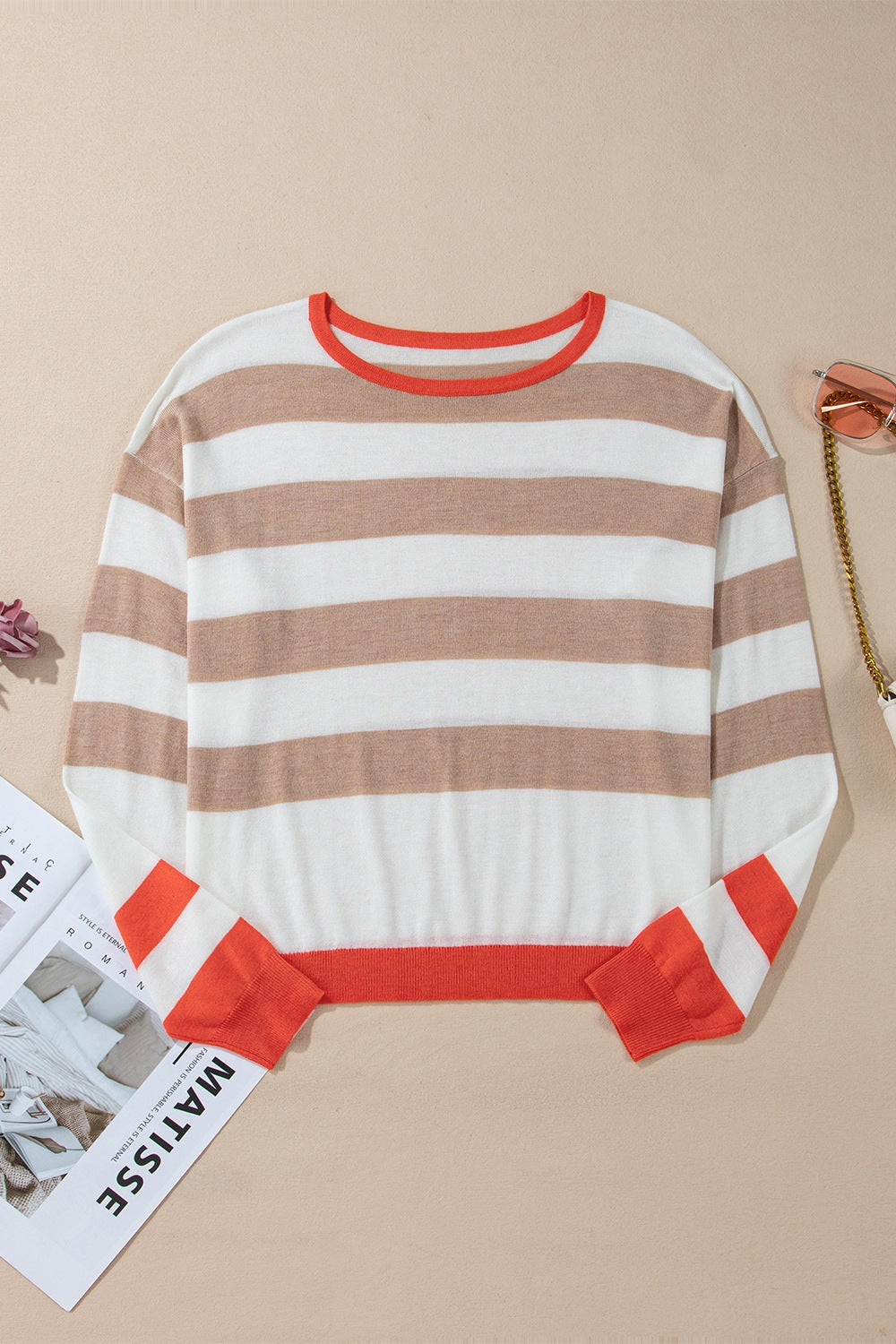 Contrast Striped Round Neck Drop Shoulder Knit Top - Charming Charlie