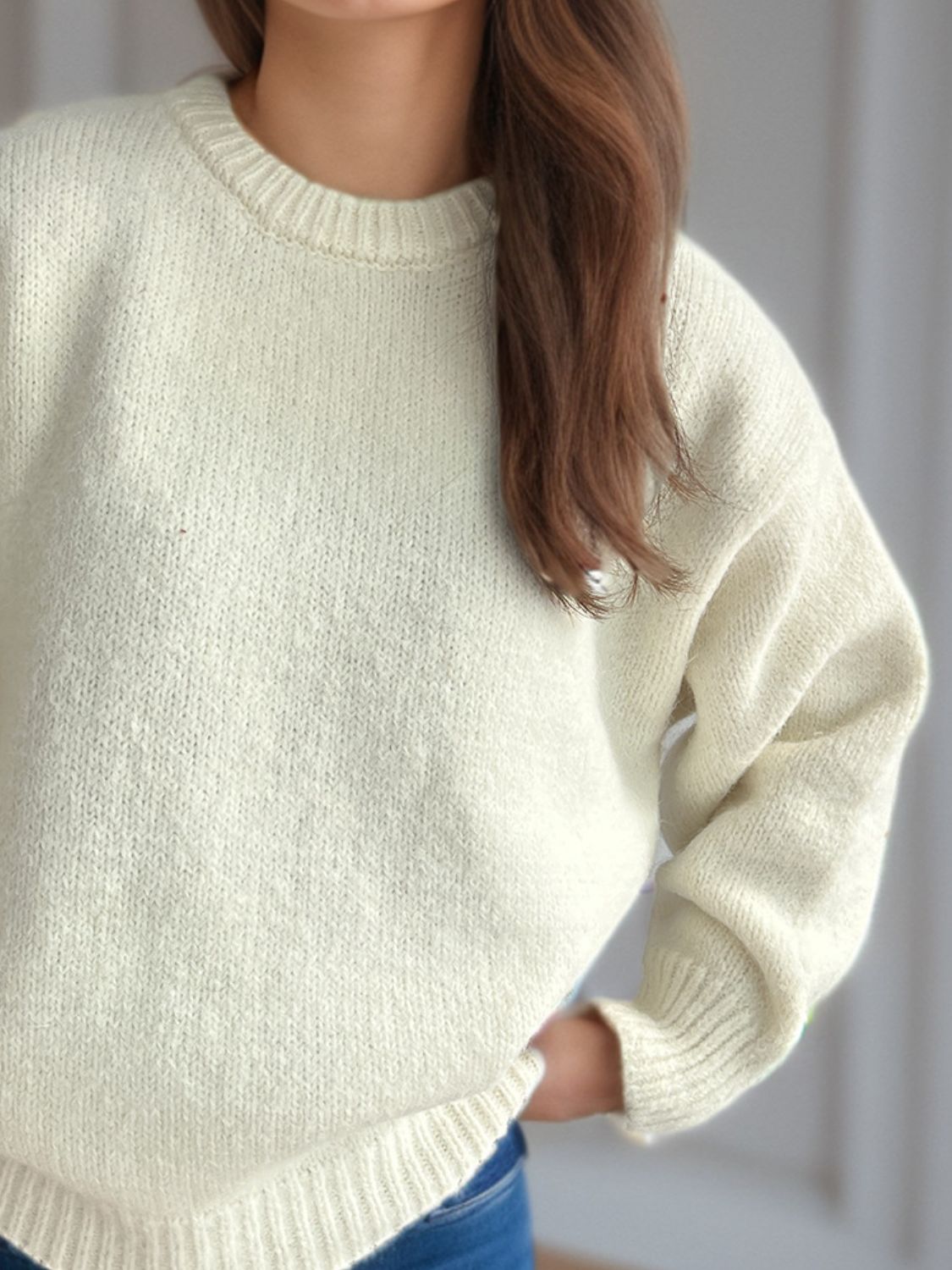 Round Neck Long Sleeve Sweater - Charming Charlie