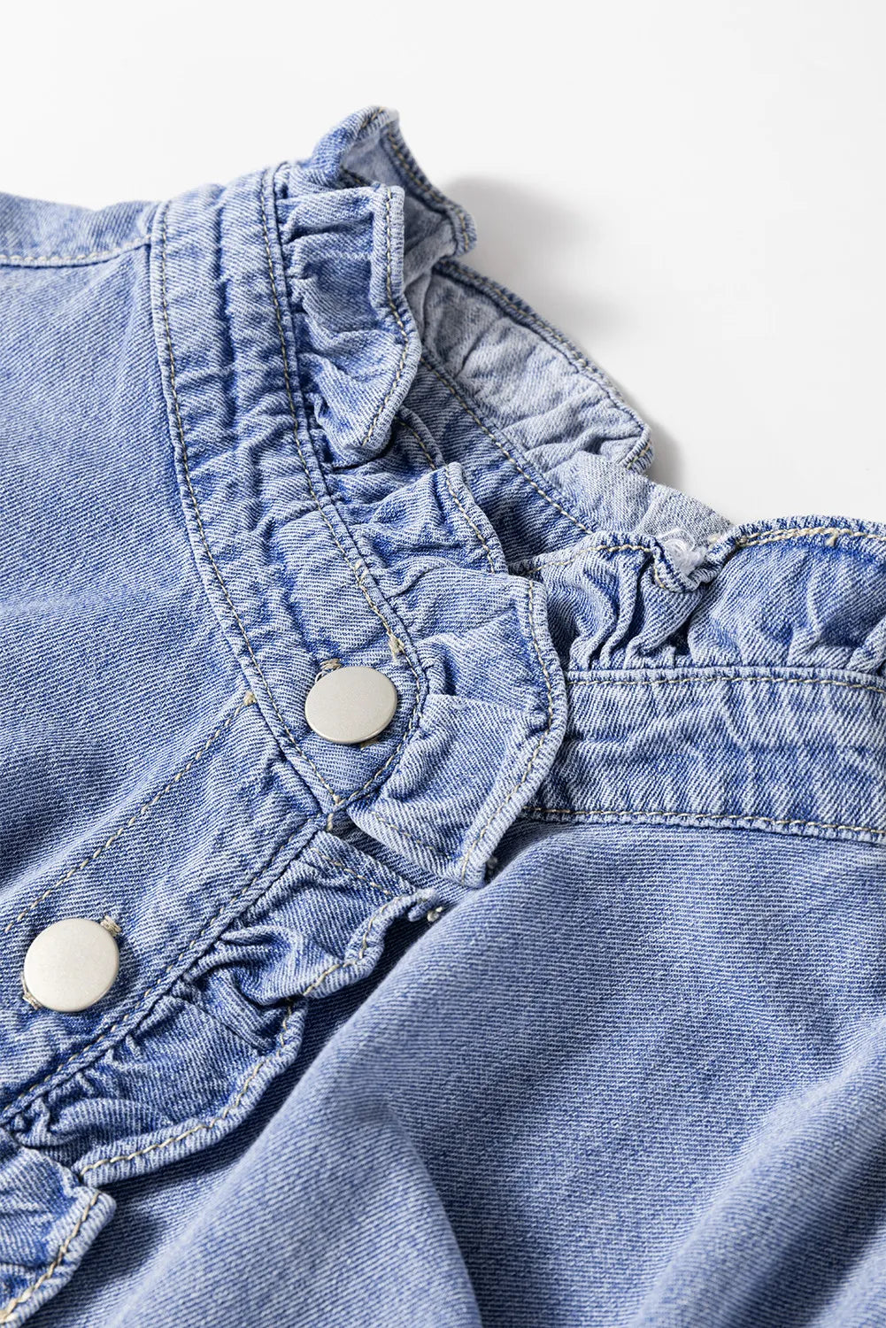 Frill Button Up Long Sleeve Denim Top - Charming Charlie