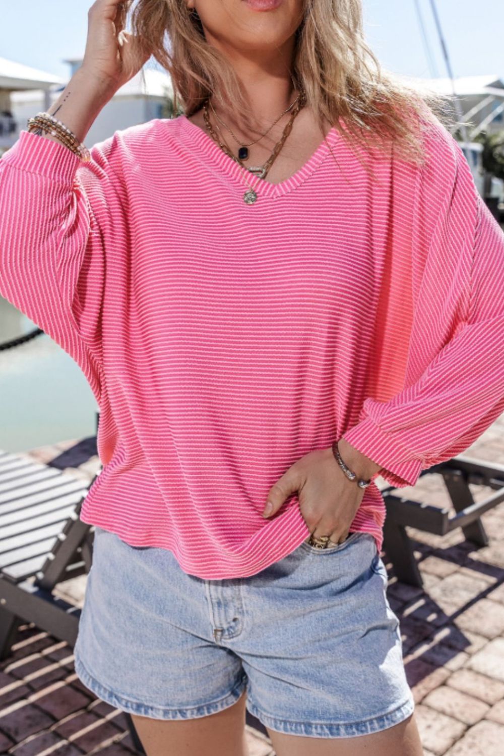 Texture V-Neck Long Sleeve Top - Charming Charlie