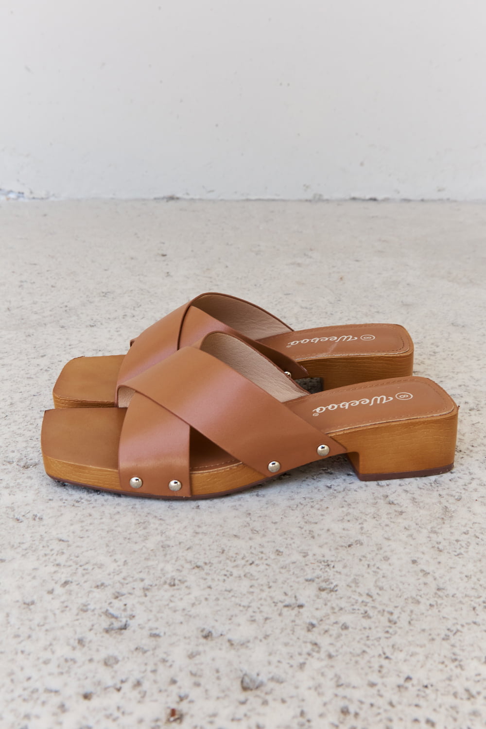 Weeboo Step Into Summer Criss Cross Wooden Clog Mule in Brown - Charming Charlie