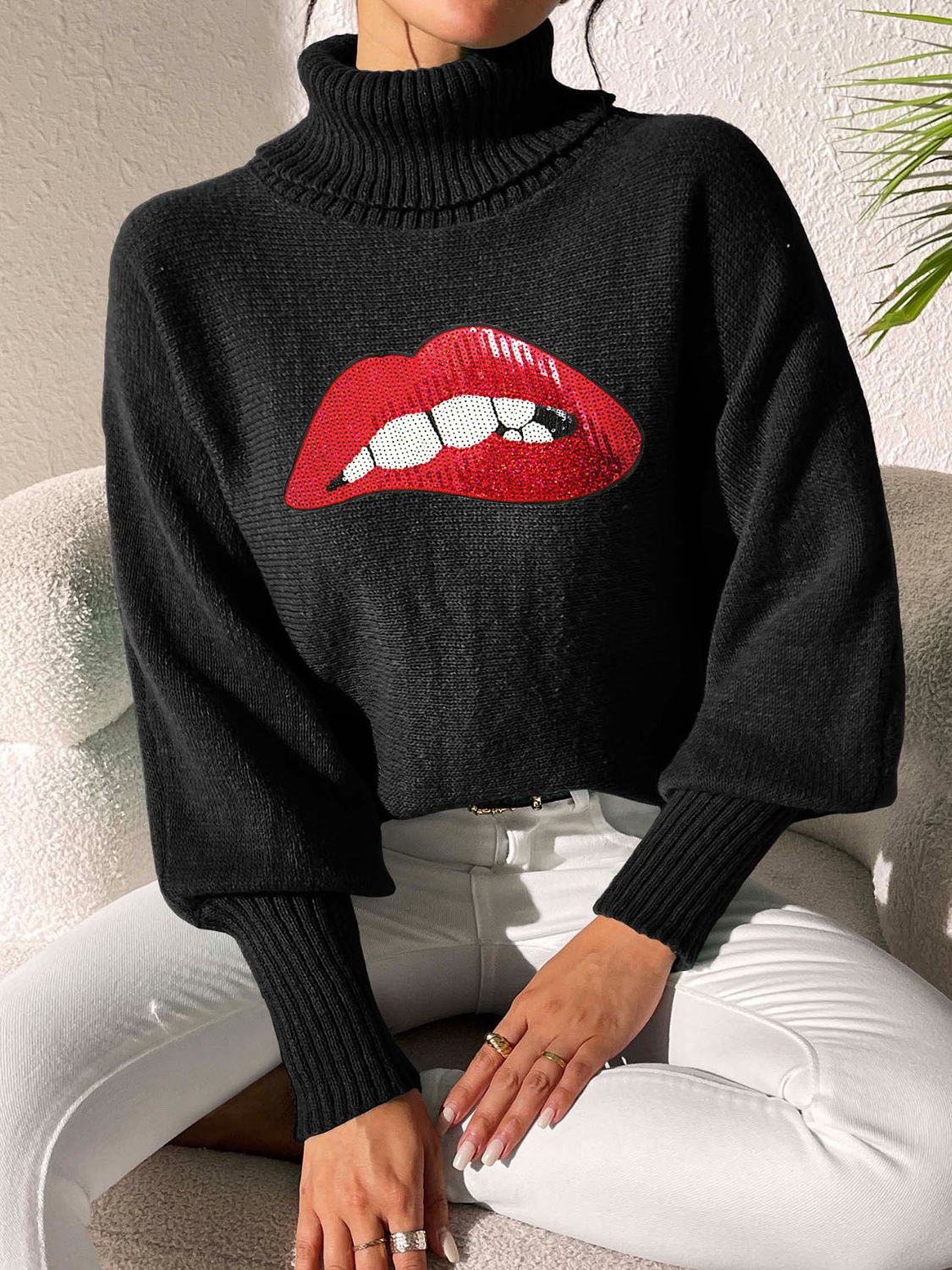 Lip Turtleneck Long Sleeve Sweater - Charming Charlie