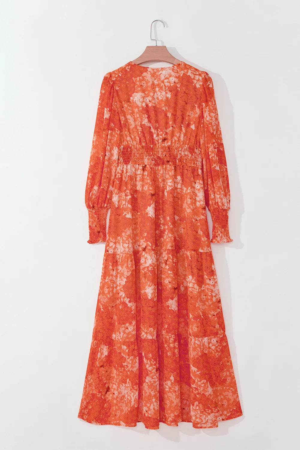 Smocked Printed V-Neck Long Sleeve Dress - Charming Charlie