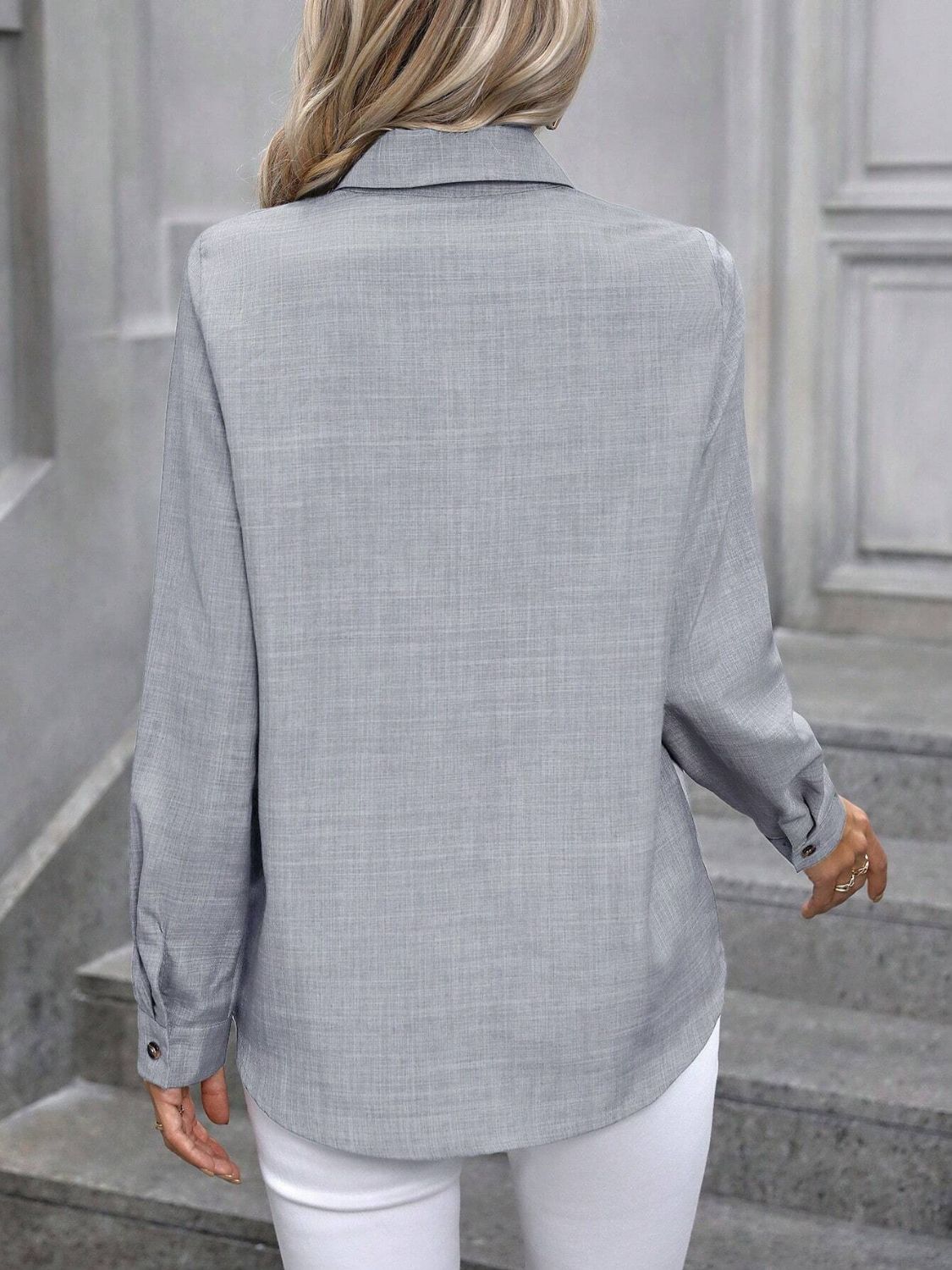 Button Up Collared Neck Long Sleeve Shirt - Charming Charlie