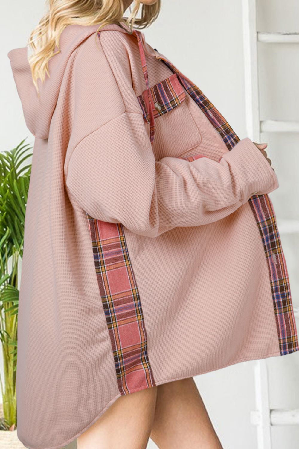 Waffle Knit Plaid Patchwork Drawstring Hooded Shacket - Charming Charlie