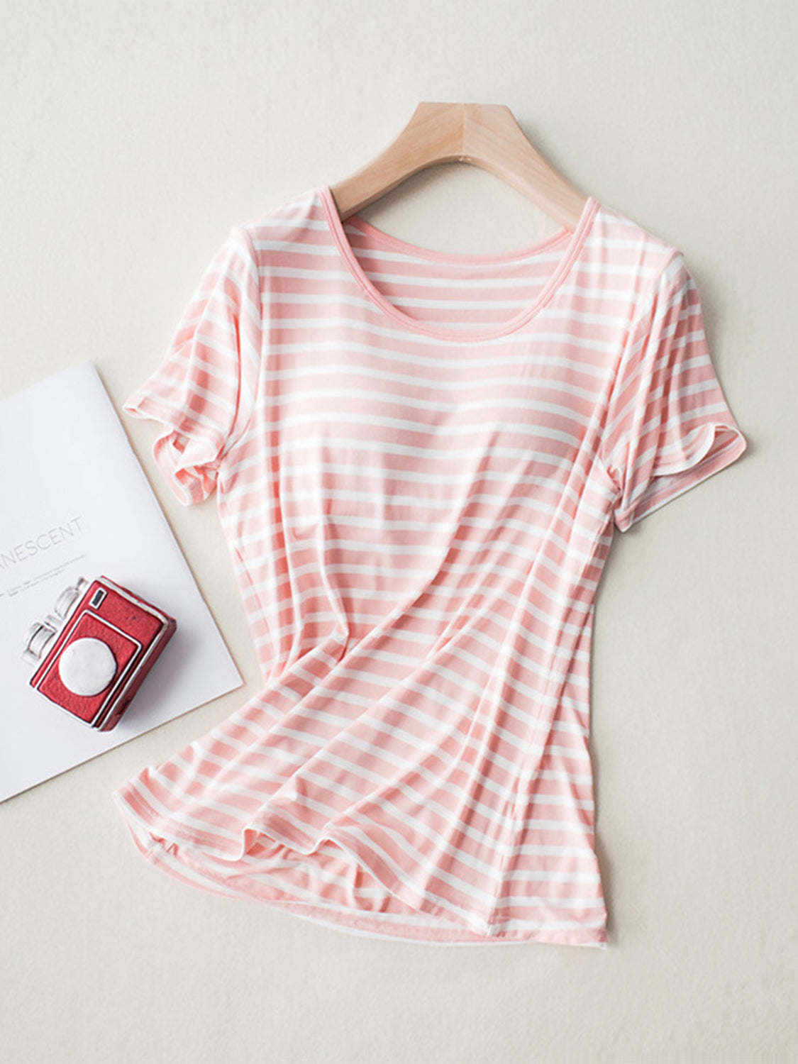 Striped Round Neck Short Sleeve T-Shirt with Bra - Charming Charlie
