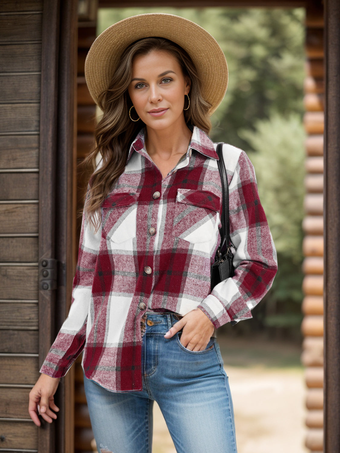 Full Size Pocketed Plaid Collared Neck Shacket - Charming Charlie