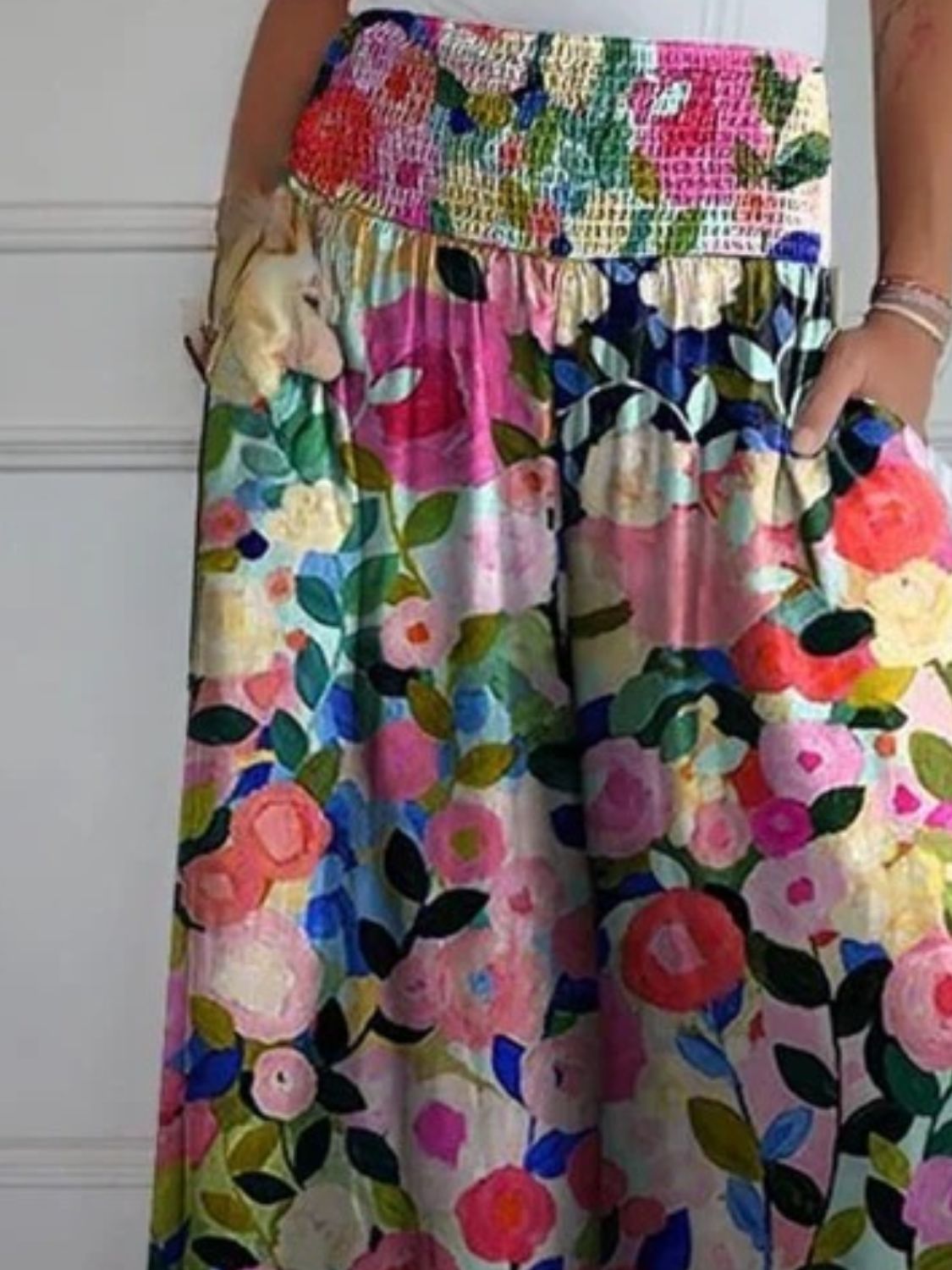 Full Size Smocked Wide Leg Pants with Pockets - Charming Charlie