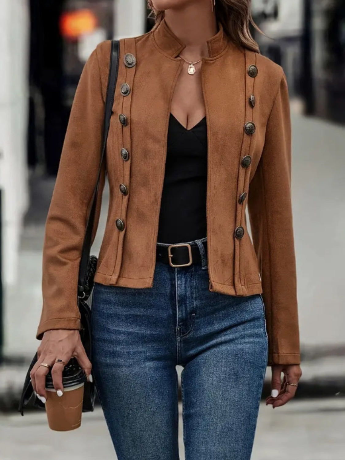 Decorative Button Open Front Long Sleeve Jacket - Charming Charlie