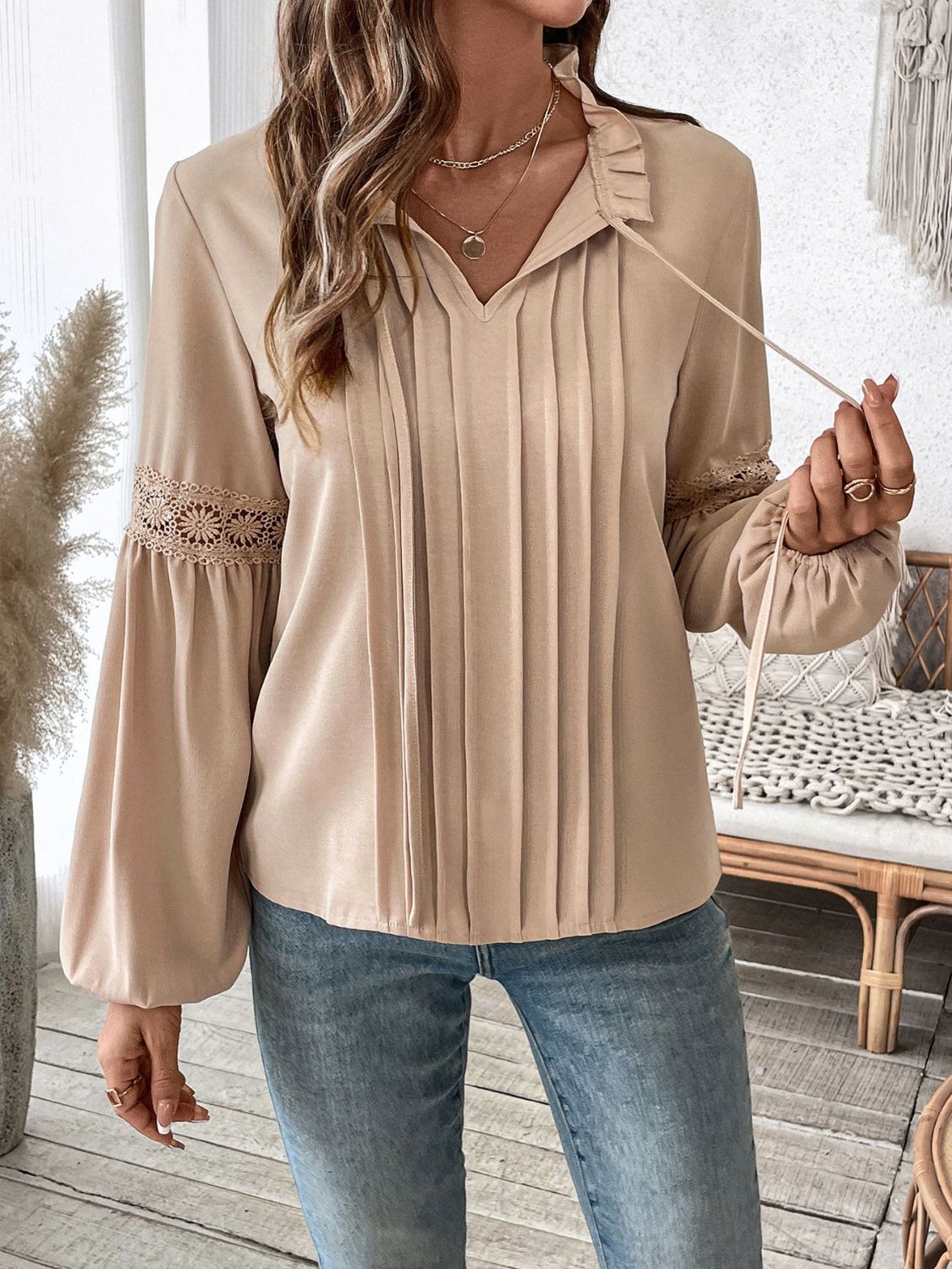 Perfee Frill Tie Neck Long Sleeve Blouse - Charming Charlie