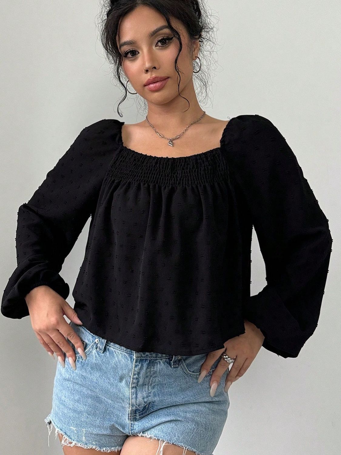 Swiss Dot Square Neck Long Sleeve Blouse - Charming Charlie