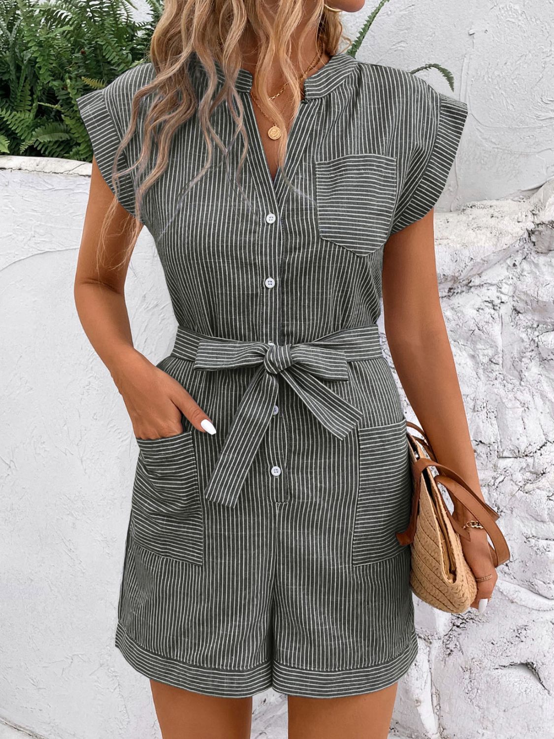 Striped Notched Tie Waist Romper - Charming Charlie